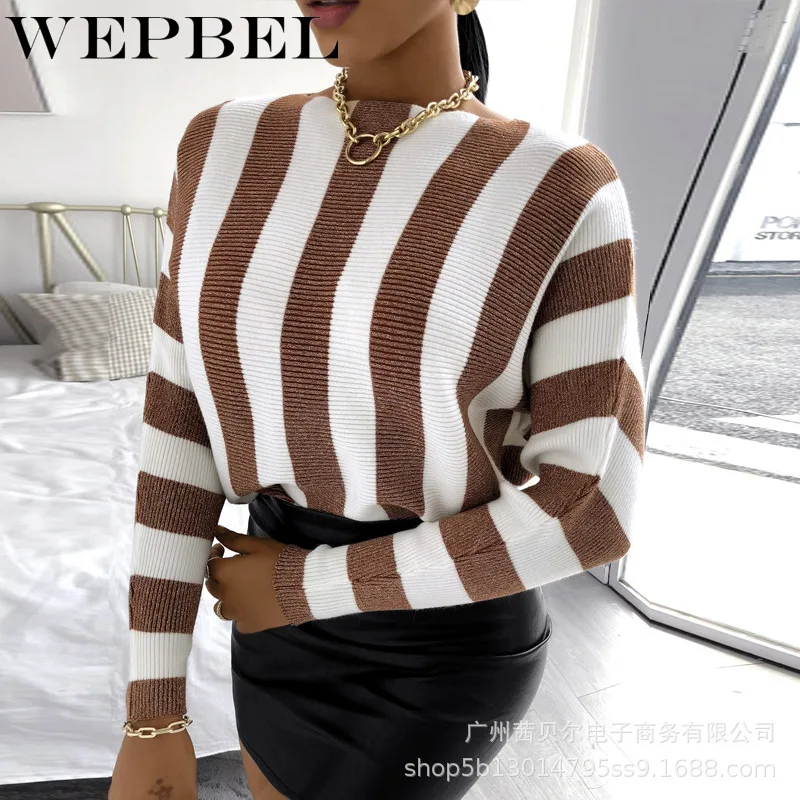 

WEPBEL Women Elegant Autumn Stripe Knitted Sweaters Female Full Sleeve O Neck Soft Elastic Knitwear Pullovers Top