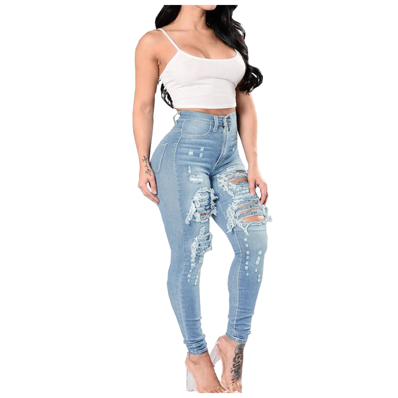 

Синие джинсы Deming, Новое поступление 2021, женские рваные длинные джинсы с дырками, облегающие потертые сексуальные обычные джинсовые брюки, К...
