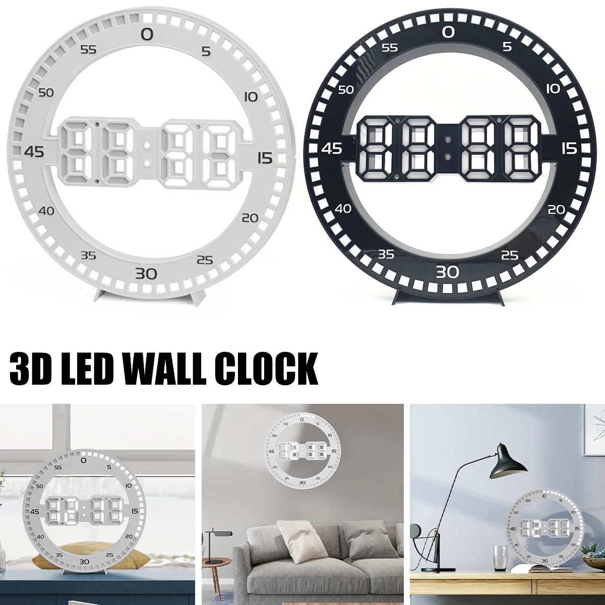 

LED Digital Wall Clock 3D Round Luminous Silent Wall Clock with Smart Sensor 12/24H 4 Levels Brightness Memory Function