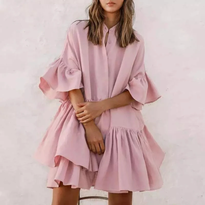 

Women Ruffles Half Sleeve Shirt Dress 2021 Summer Casual O-Neck Button Loose White Pink Beach Party Pleated Dress Plus Size Robe