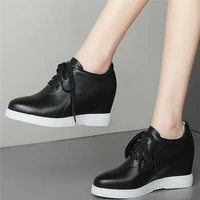 8cm high heel platform creepers women lace up genuine leather wedges ankle boots female round toe fashion sneakers casual shoes