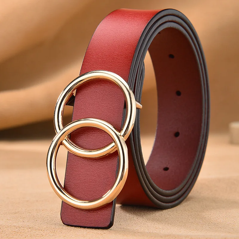 

Women Belt Genuine Leather Designer Smooth Buckle Wild Double Circle Round Buckle G Belt Fashion Denim Belts For Women 2020