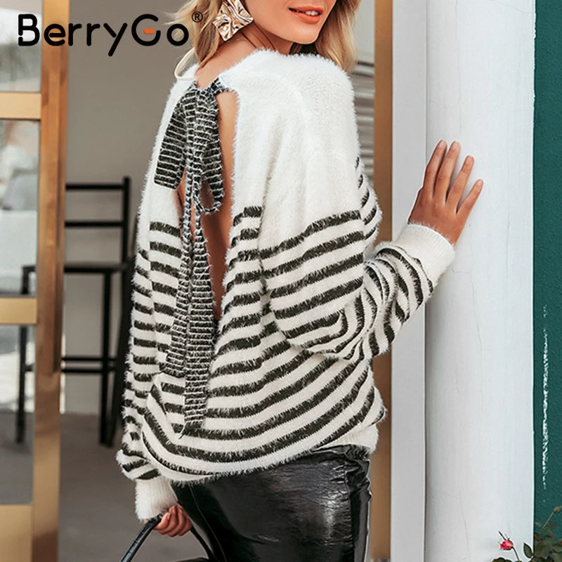 BerryGo Sexy backless mohair pullover sweater women Autumn winter soft female Elegant lace up strip o-neck ladies jumper | Женская