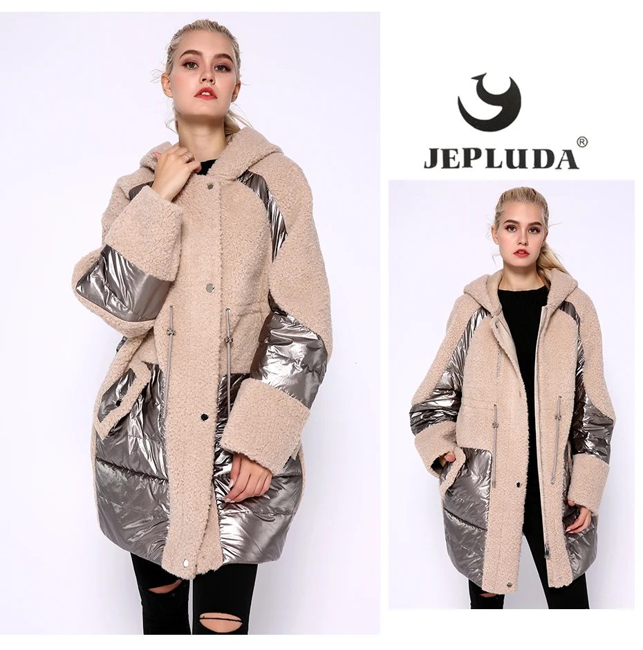 JEPLUDA, новая мода, свободный тип размера плюс, зимнее пальто для женщин, шерсть, смесь, Mashup, пуховик с капюшоном, Толстая теплая парка, женская меховая куртка