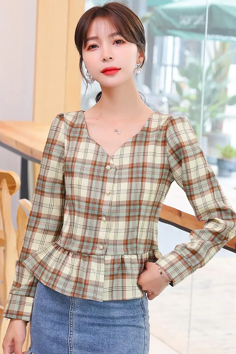 

COIGARSAM Vintage Plaid Shirt Womens tops New Spring High Waist Women shirts Yellow Green 8360