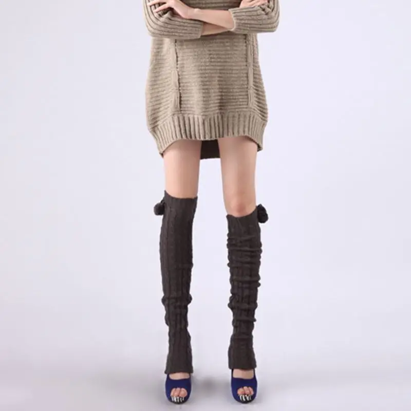 

Women Girls Winter Braided Cable Knit Thigh High Long Leg Warmers Solid Color Crochet Thermal Boots Cuff Socks with Pompom Ball