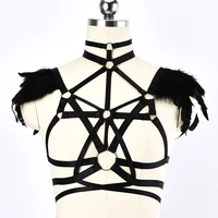 gothic feather harness clothes accessories black neck collar sexy lingerie cage bra dance exaggerate feather body harness