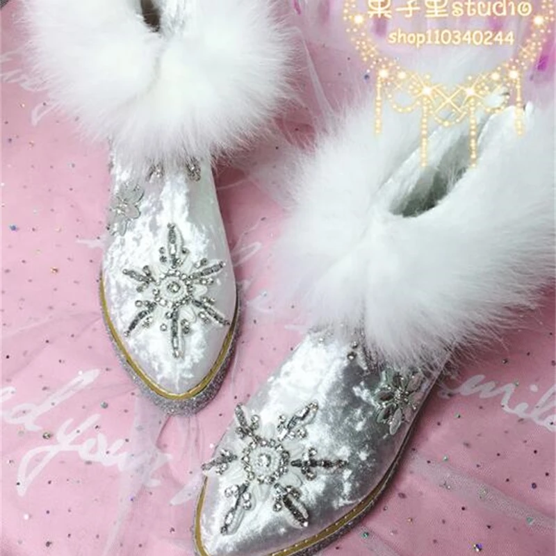 

2019 new fashion pointed inside increased boots fox fur velvet snow boots handmade rhinestone cotton boots