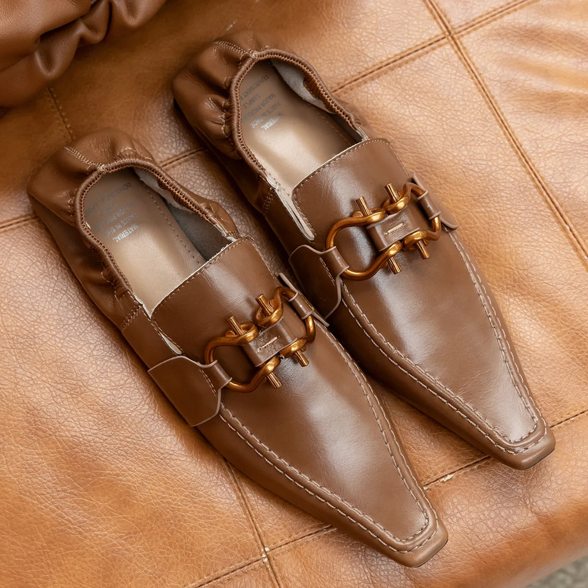 

Women's genuine leather elastic slip-on flats loafers square toe female soft comfortable espadrilles metal buckle casual shoes