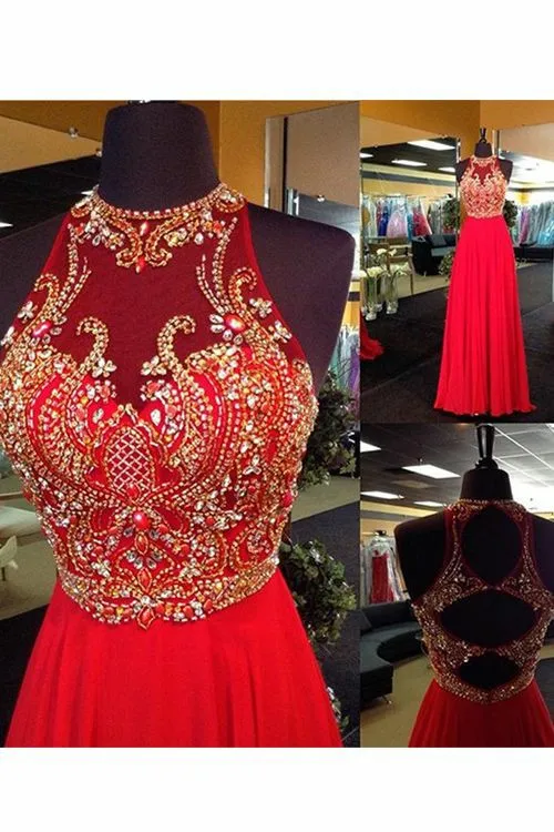 

Heavy Beaded Mermaid Long O-Neck Prom Dresses Sexy Robe De Soiree Chiffon Red Open Back Floor Length Formal Party Dresses