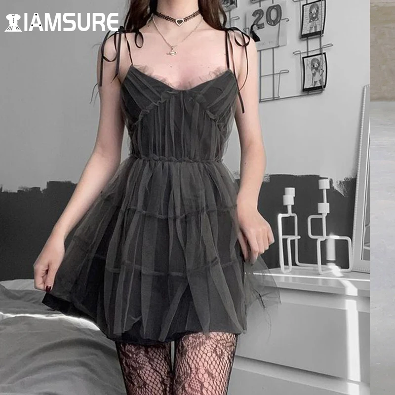 

IAMSURE Sweet Dark Patchwork Mesh Dress Sexy Cute Slim Sleeve V-Neck Spaghetti Strap A-Line Mini Dresses For Women 2021 Ladies