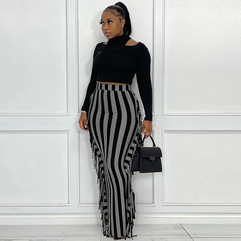 

Chic Women's Striped Maxi Skirts Fashion High Waist Side Tassels Spliced Bodycon Skirt Streetwear Female Package Hip Bottom