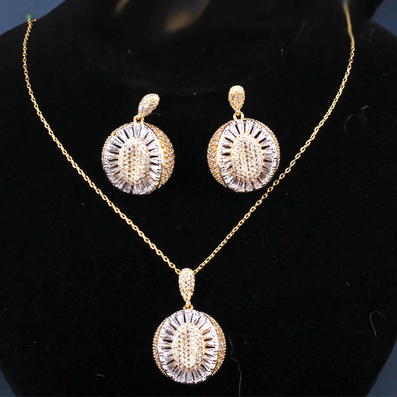

Dazz 2PCS Fashion Round 2 Color Cubic Zirconia Pendant Jewelry Sets Women Dubai Bridal Necklace Earrings Party Accessories Gifts