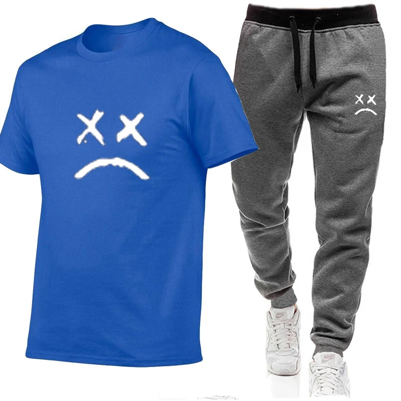 

2021 Summer Men's T-Shirt Set Two Men's Sports Set Leisure Sports Fitness Cry Face Printed Short Sleeve + Men's Set