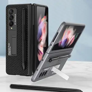 fashion pu leather lychee pattern pen slot case for samsung galaxy z fold 3 5g phone cover with holder luxury cases for fold3 free global shipping