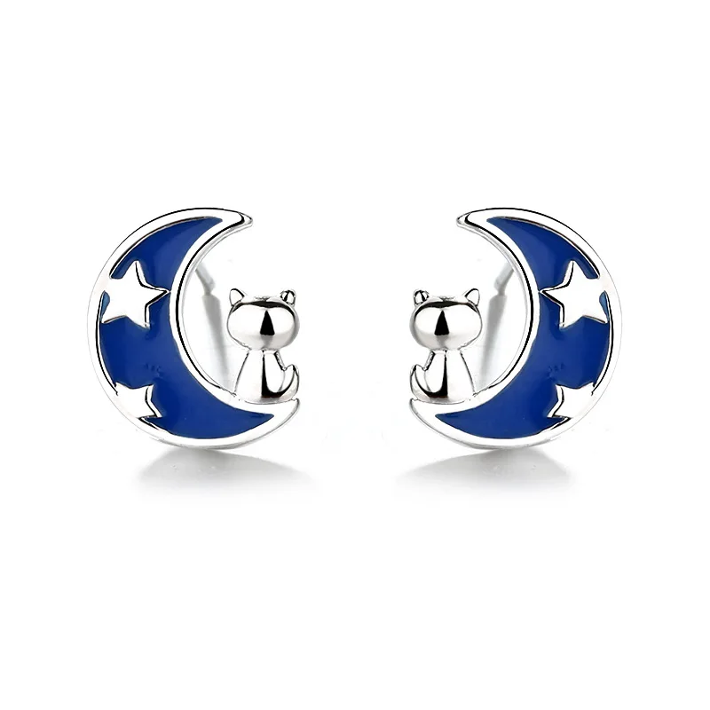 

Creative moon cat student earrings female cute girl heart wild earrings small fresh blue star and moon earrings