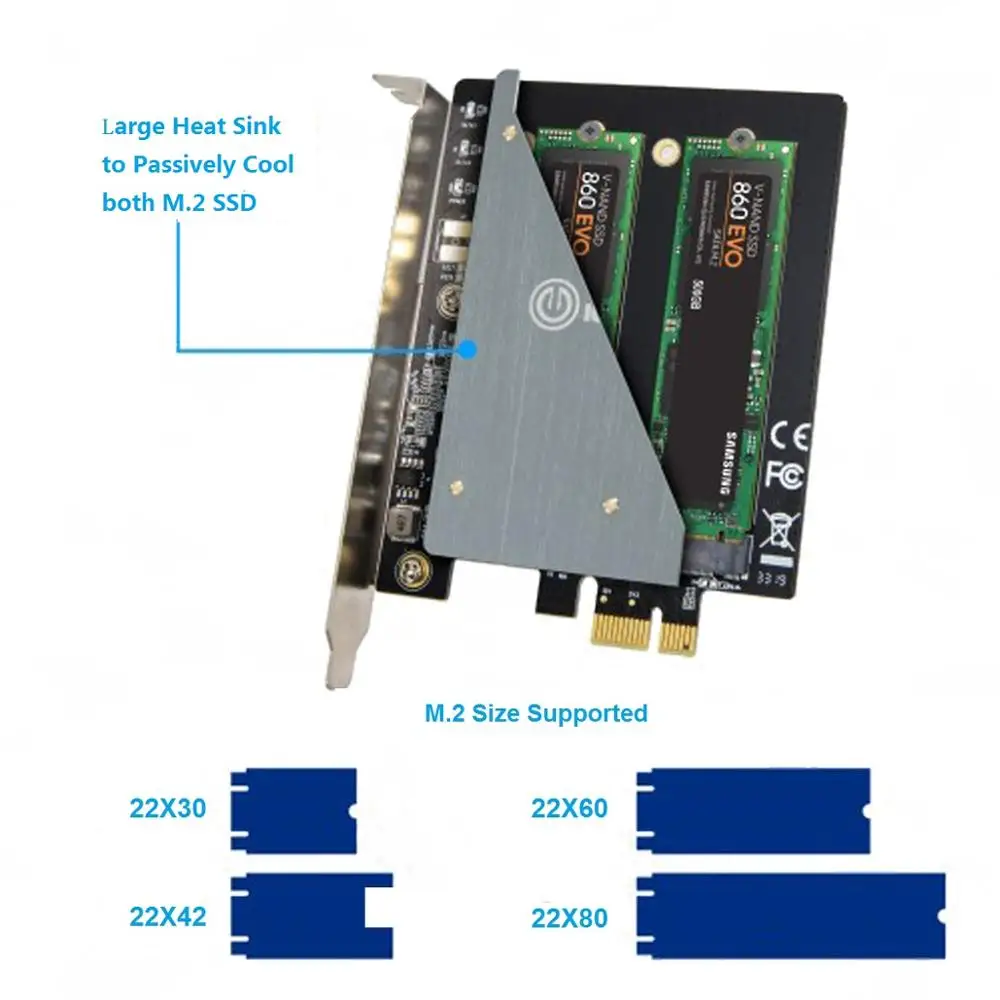 Адаптер IOCREST Dual M.2 Ngff Sata Ssd B Key Pci-e 3 0 X1 с поддержкой радиатора 2230 2242 2260 2280 и 22110 |