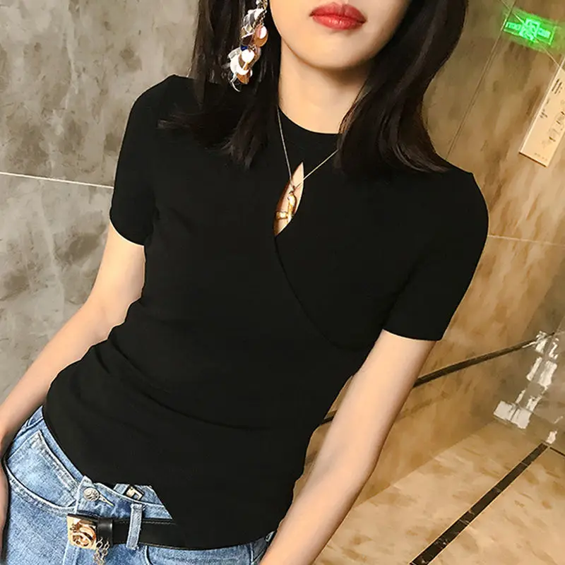 

Women's white short sleeve T-shirt summer sexy irregular hollow out top slim round neck T-shirt