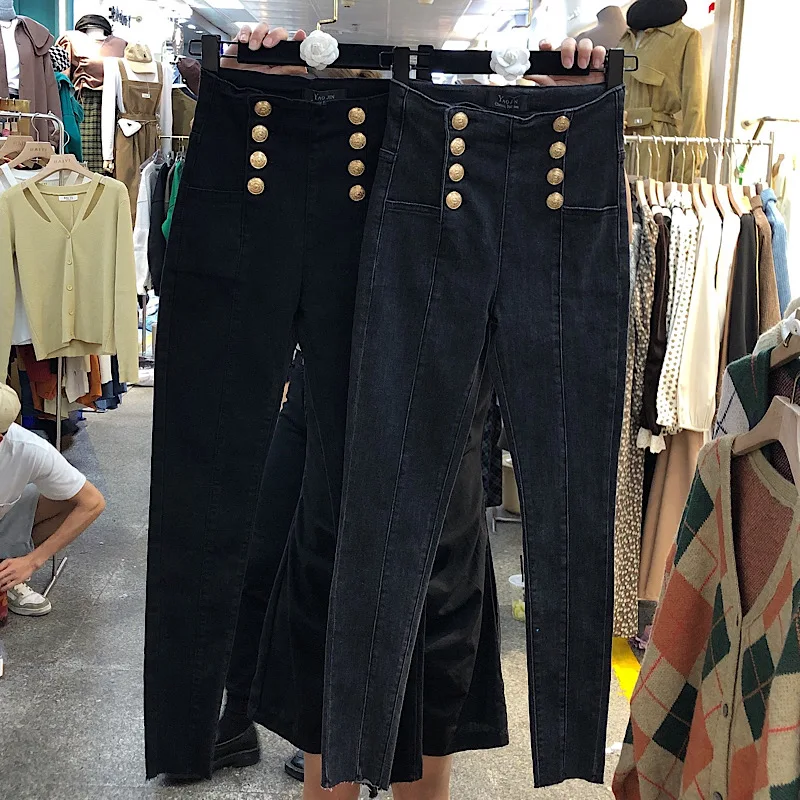 

Женские джинсы с завышенной талией, винтажные облегающие брюки-карандаш из денима с двойным рядом пуговиц, уличная одежда на осень 2021