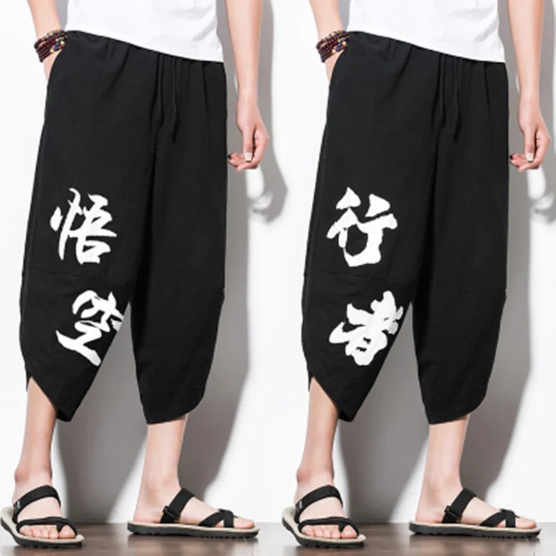 Брюки-кимоно японские мужские повседневные свободные брюки с принтом самурая