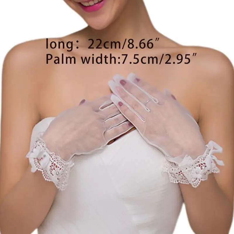 

Women Bridal Full Fingered Short Mesh Gloves Ruffles Lace Rhinestone Bowknot Cuff Wrist Length Wedding Mittens Party Costume