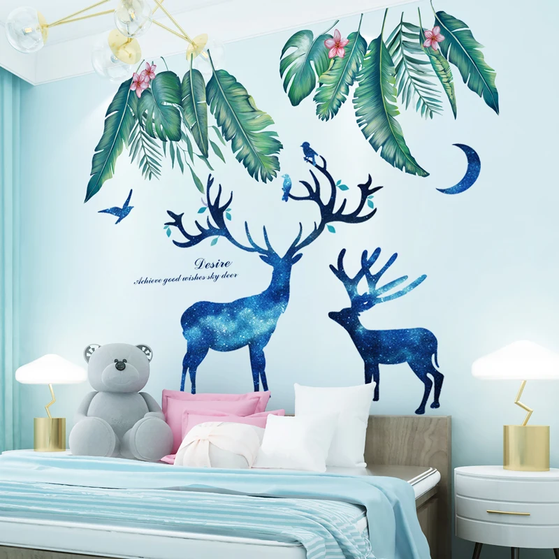 

Deer Animal Wall Stickers DIY Tropical Leaves Mural Decals for Kids Bedroom Living Room Nursery Home Decoration
