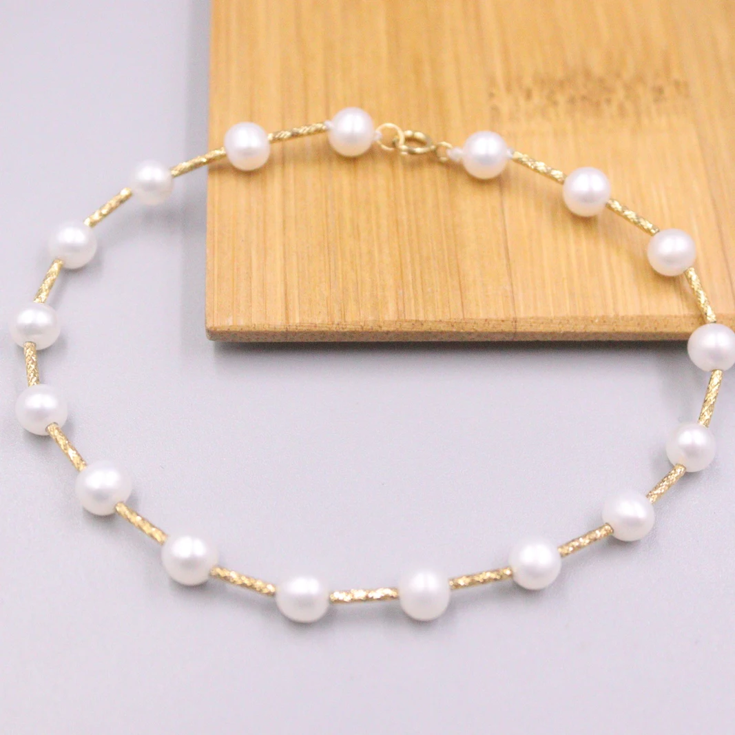 

Реальный из 18-ти кратного желтого золота браслет для Для женщин женский 5,5 мм бусины натурального Freach вода жемчужина браслет 18.5cmL