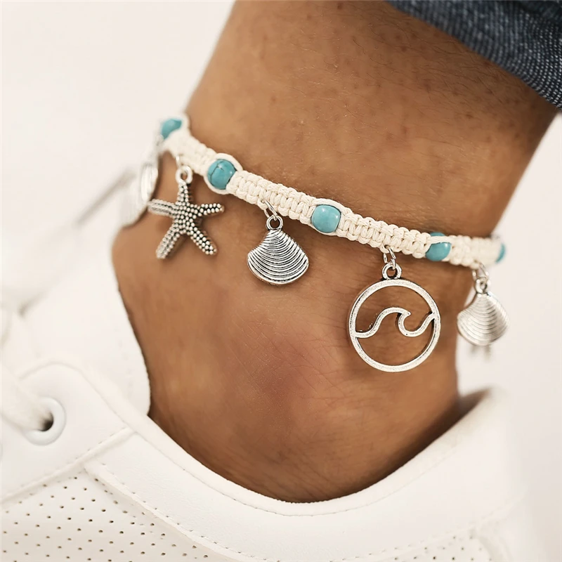 

LIMARIO Bohemian Silver Color Shell Starfish Pendant Anklets Set Vintage Handmade Wave Anklet for Woman