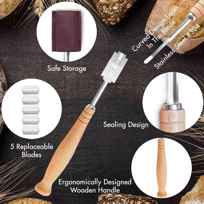 

HOT-Bread Lame and Danish Whisk Set-Stainless Steel Bread Scoring Tool with Leather Protect Cover Blades Danish Dough Hook