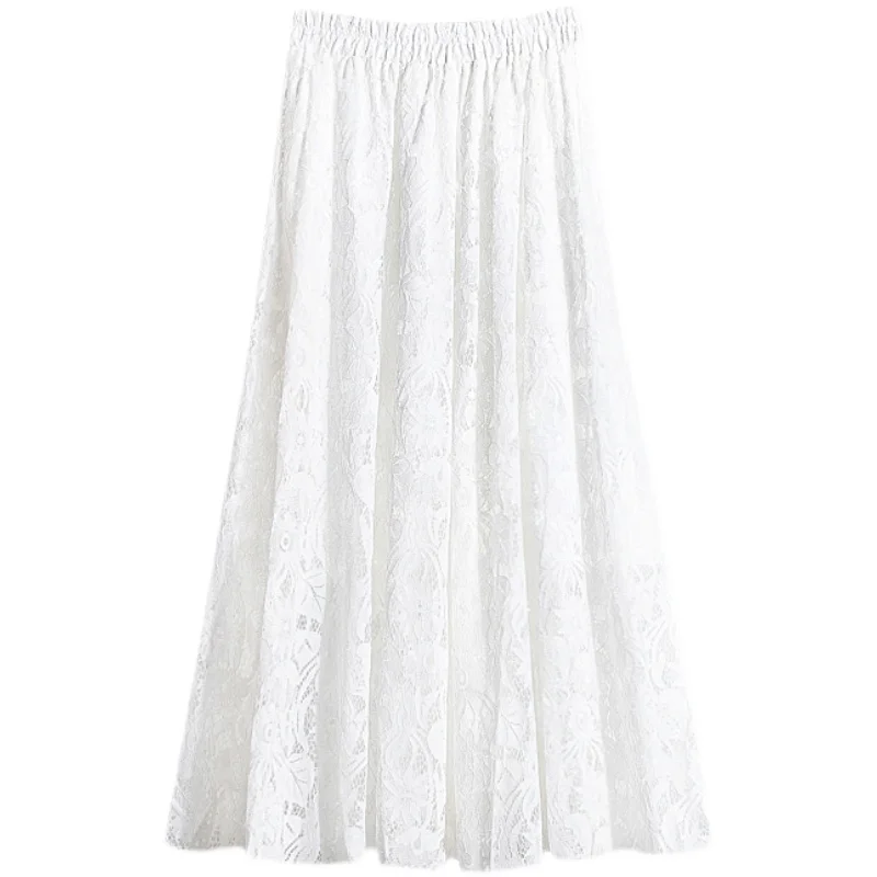 

2021 High End White Lace Dress Elastic Waist A Line Office Lady Spring Wear Big Swing Black Pleated Skirt Women Dropshipping