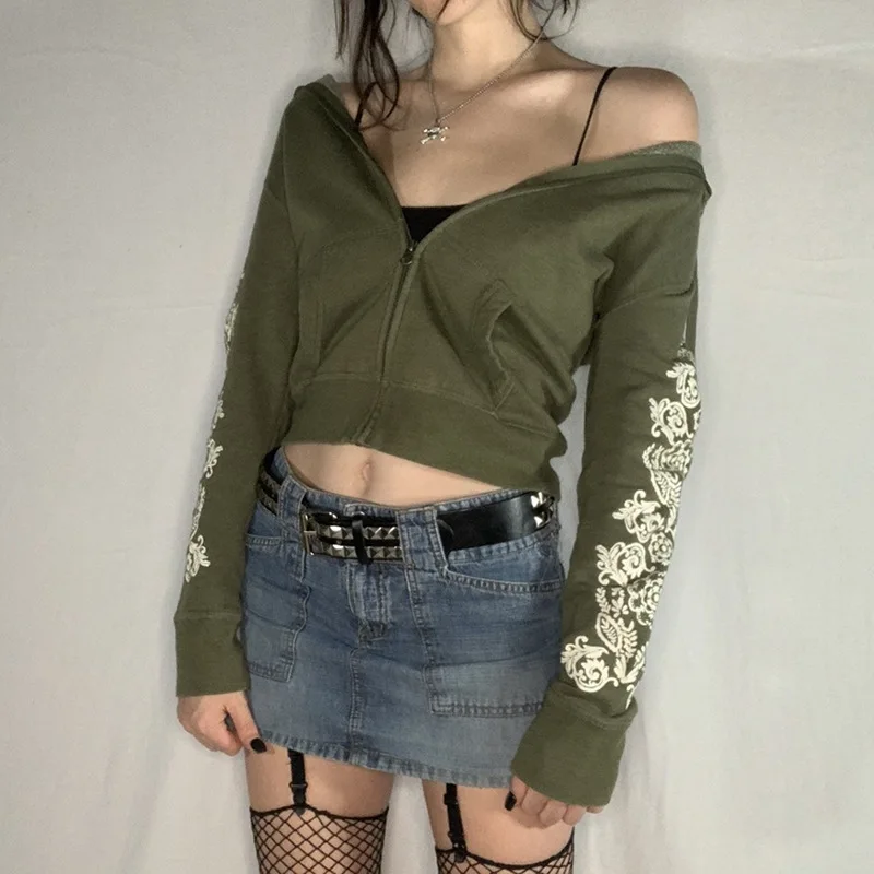

90s Aesthetics Retro Art Print Long Sleeve Cropped Tops Y2K Vintage Streetwear Zipper Hoodies Grunge Punk Outerwear Slim