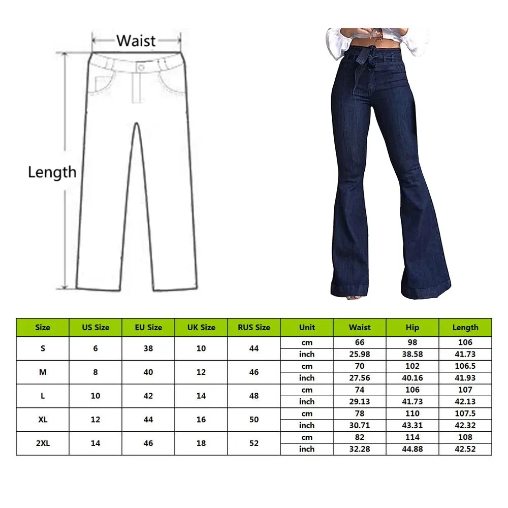 

Women High Waist Bandage Wide Leg Denim Jeans Ladies Stretch Fare Long Pants