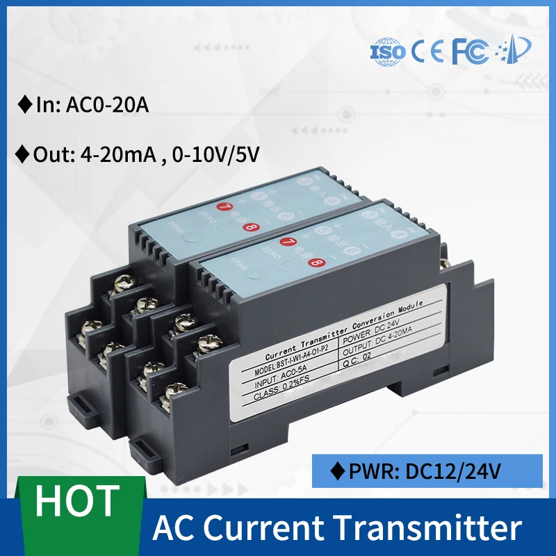 

AC Current Transmitter Sensor Transducer AC 1A 5A 10A 20A input 4-20mA 0-10V Output Signal Monitoring Sensor