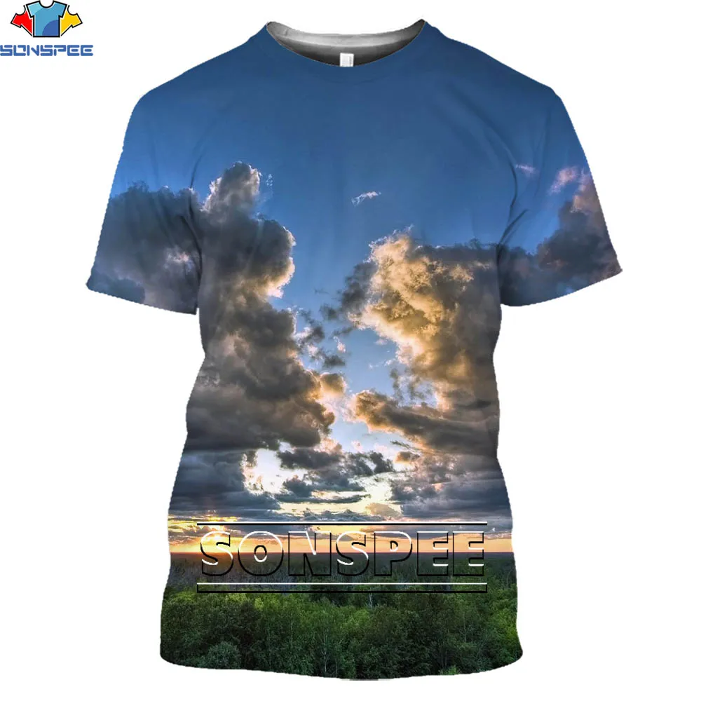 

SONSPEE 3D Printing Art HD Sky Clouds Short Sleeve Casual Fashion Street Large Size Loose Men And Women Tops Free Shipping