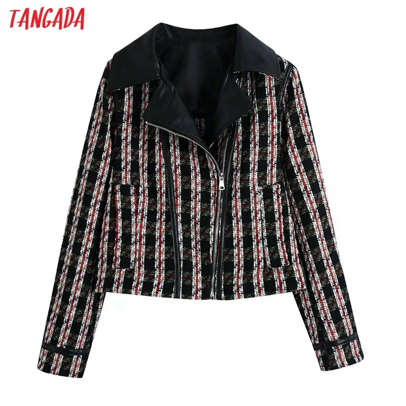 

Tangada Women's Winter Jacket Plaid Tweed Long Sleeves Pocket 2021 Ladies Elegant Crop Coat BE754