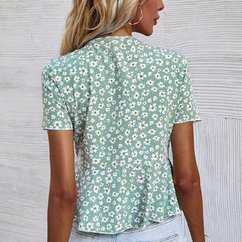 

Women Summer Sexy Floral Print Ruffles Blouse Shirt Casual Bow Bandage V-Neck Short Sleeve Fashion Slim Top Beachwear