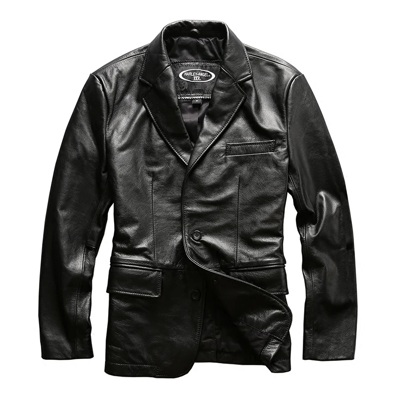 Модный брендовый пиджак из натуральной кожи 2020 приталенный мужской с отложным