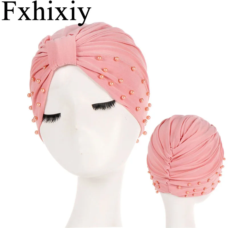 

Muslim Women Cotton Solid Ruffle Bead Knotted Turban Hat Chemo Chemotherapy Caps Bandans Headwrap Plated Hijab Hair Loss Cover