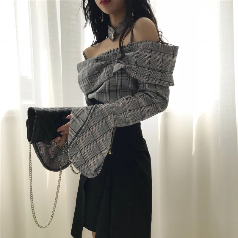 Autumn Streetwear Plaid Off Shoulder Blusas Slash Neck flare Sleeve Women Blouses Sexy Short Vintage Halter Shirts Sweet Top
