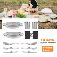 10pcsset camping cooking supplies portable safe silver color 10 piece stainless steel cookware set for picnic outdoor tableware
