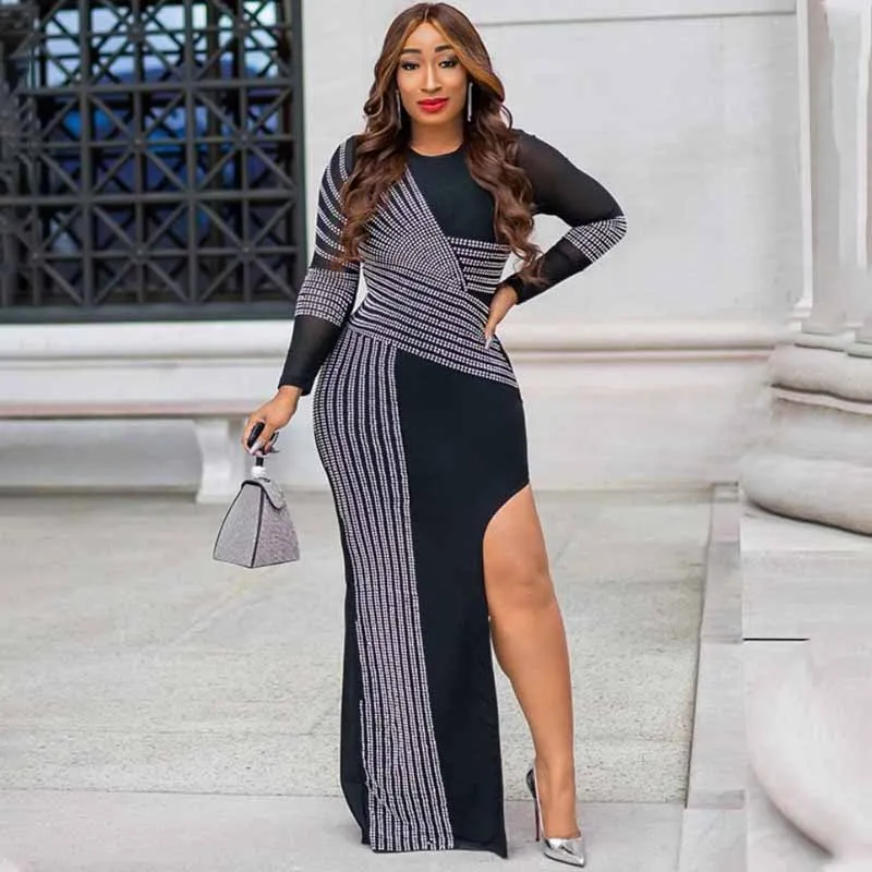 

Women Sexy Evening Dresses Elegant Diamonds Shiny Bodycon Dress Plus Size 5XL Long Sleeve Robes Ankara Dashiki Boubou Outfits