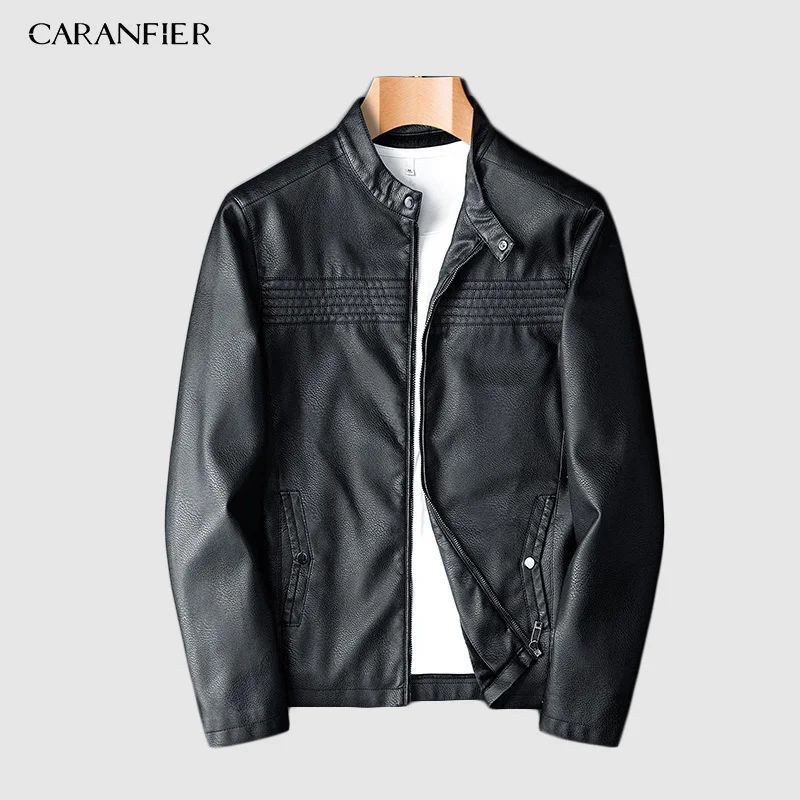 Модные зимние мужские куртки CARANFIER из искусственной кожи пальто мотоциклетная