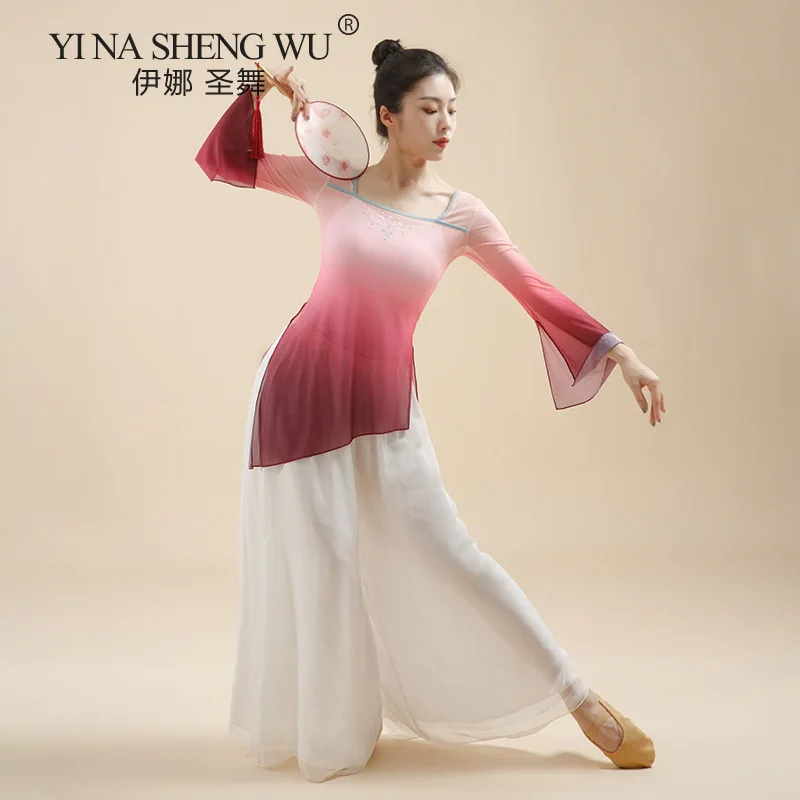 

Women Classical Dance Flowy Shirt Sexy Square Collar Mesh Top Rhinestone Sleeve Gradient Color Plus Size Practice Clothes New