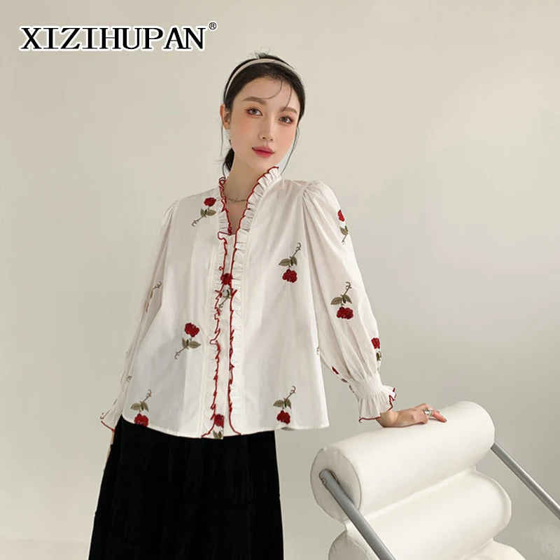 

XIZIHUPAN White Embroidery Patchwork Shirt For Women V Neck Flare Long Sleeve Hit Color Elegant Shirts Female New 2021 Spring