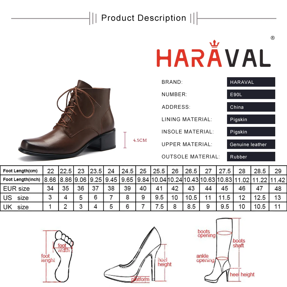 

HARAVAL Ankle Boots Genuine Leather Low Heels Round Toe Lace Up Cross-Tied Brown Lace-Up Footwear Boot High Quality E90L