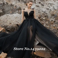 gothic black flowers wedding dresse slit appliqued bridal gown pleat robe de mariee bridal engament brautkleid drop shipping