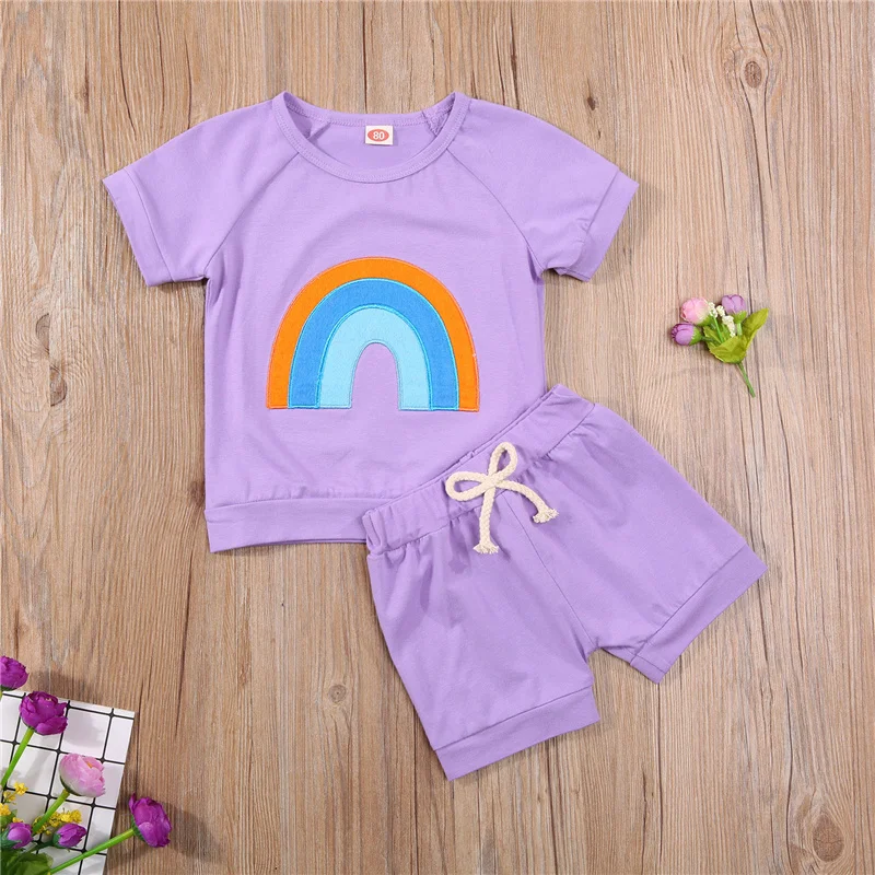 

2021 2Pcs Baby Girls Summer Casual Tracksuits,Children Girl Sweet Cool Rainbow Print O-Neck Short Sleeves T-Shirt+Ruffled Shorts