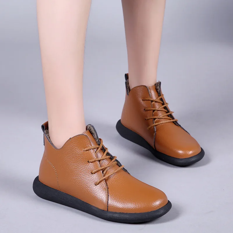 

Winter Ankle Boots Women Genuine Leather Shoes Woman Autumn Rubber Boots Female Lace-Up Shoes Flat with Fur