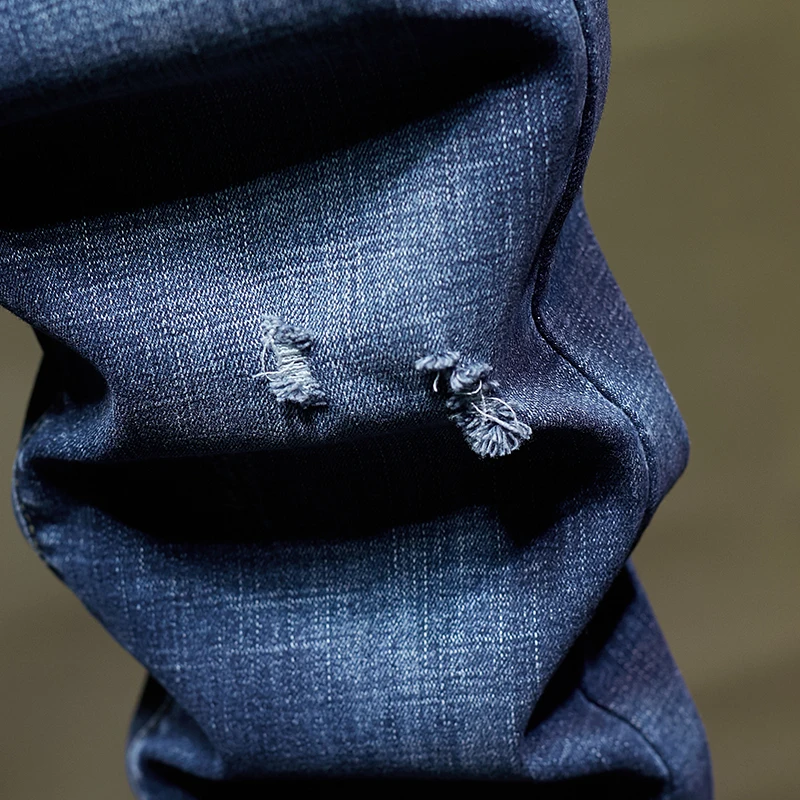 Мужские джинсы облегающие тянущиеся синие потертые рваные брюки мужские для