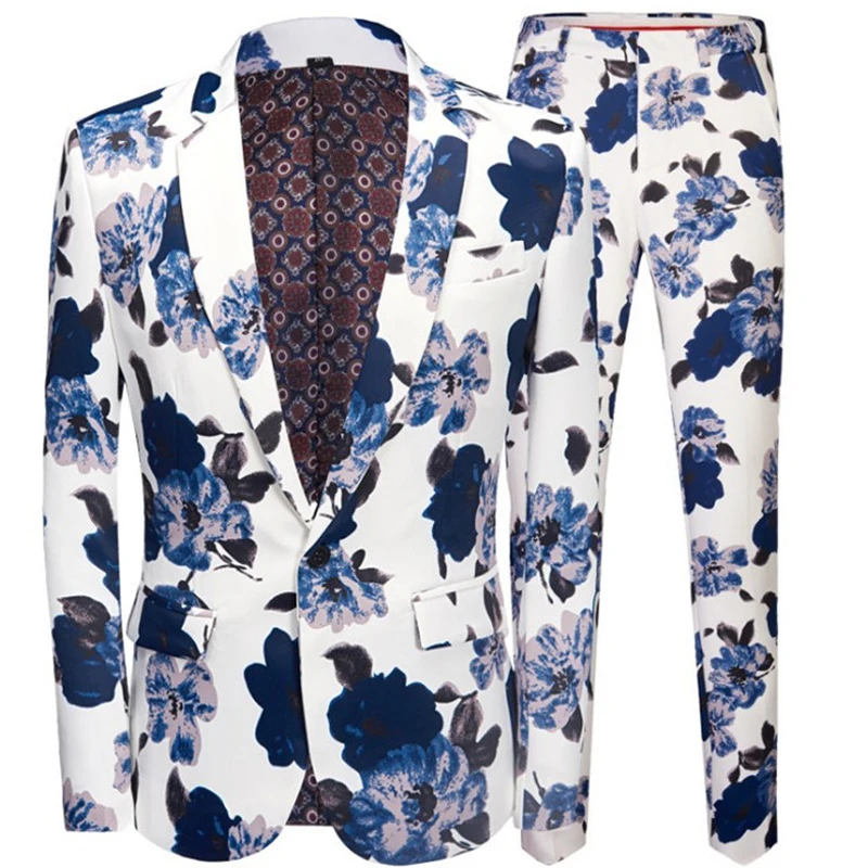 

Christmas Fashion Men's Blue Flower Print Casual Suit Set (Jacket Pants) Prom One Button Lapel Banquet White Suit 2 Piece Set